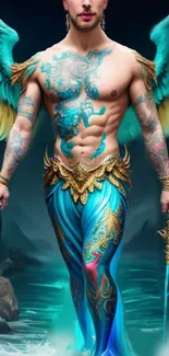 Fantasy warrior with colorful wings and intricate tattoos on a teal background.