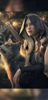 Fantasy warrior woman with wolf in forest wallpaper.