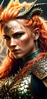 Fierce warrior woman with fiery red hair in fantasy armor.