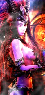 Fantasy warrior woman in vibrant, fiery setting.