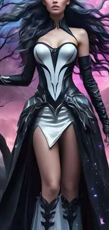 Fantasy warrior woman in mystical purple scenery.