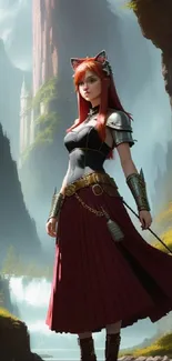 Fantasy warrior woman in forest landscape with mountains.