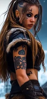 Fantasy warrior woman with tattoos and fur attire.