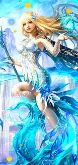 Fantasy art of a water goddess in vibrant cyan hues.