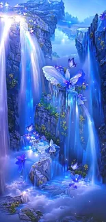 Fantasy waterfall with blue butterflies wallpaper scene.