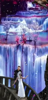 Fantasy landscape with mystical waterfall and a couple on a bridge.