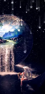 Fantasy waterfall flowing from a cosmic sphere with a starry galaxy background.