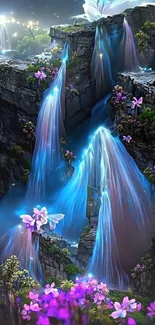 Fantasy wallpaper with glowing waterfalls and vibrant purple flowers.