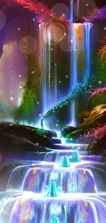 Vibrant fantasy waterfall with glowing cascades.