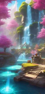 Fantasy landscape with waterfalls and pink trees, ideal for mobile wallpaper.