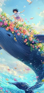 Whale covered in flowers under a blue sky