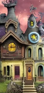 Fantasy gothic house with vibrant colors and surreal design.