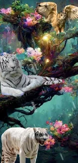 Fantasy wallpaper with white tigers and an owl in a colorful forest setting.