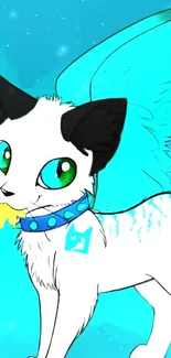 Fantasy winged cat with blue wings and green eyes on cyan background wallpaper.