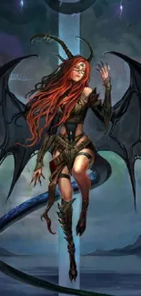 Fantasy warrior with red hair and wings in mystical landscape.