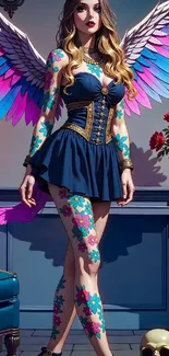 Fantasy winged woman with vibrant colors and mystical setting.