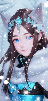 Anime girl in a winter scene with snow and blue accents.