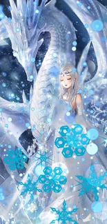 Fantasy winter dragon art with icy blue hues and ethereal snowflakes.