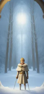 Figure stands in snow under archway, glowing light in background.