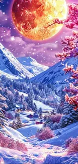 Fantasy winter nightscape with a glowing moon and snowy mountains.