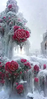 Enchanting winter landscape with red roses and icy elements.