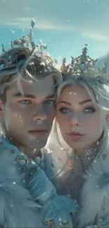 Fantasy royalty with crowns in snowy backdrop.