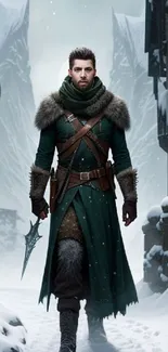 Fantasy warrior walking in a snowy village scene, wearing a green winter coat.