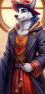 Fantasy wolf character in detailed costume set in a vibrant scene.