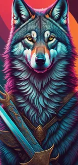 Vibrant wolf warrior holding a sword in fantasy artwork.