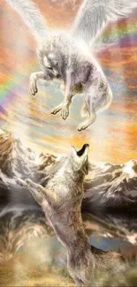 Two mystical wolves leap with a rainbow and mountains in the background.