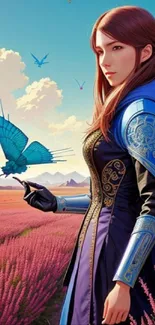 Fantasy woman in blue with butterfly in vibrant field.