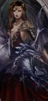 Fantasy woman and dragon in mystical art wallpaper.