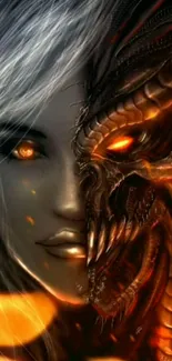 Fantasy art of woman and dragon with fiery eyes.