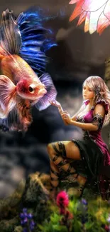 Fantasy woman and fish in vibrant, colorful art scene on mobile wallpaper.