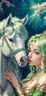 Fantasy artwork with a green-haired woman and unicorn under a starry sky.