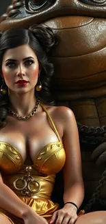 Woman in detailed gold fantasy costume with a striking pose.