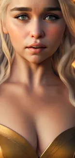 Fantasy woman in golden armor portrait for mobile wallpaper.