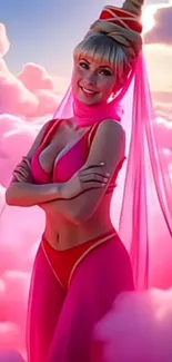 Fantasy woman in pink clouds on mobile wallpaper.