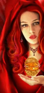 Artistic depiction of a woman with red hair and cloak holding a glowing orb.