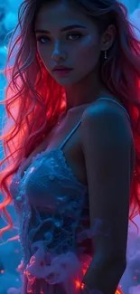Ethereal woman with glowing hair in a mystical setting.