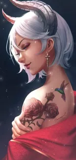 Fantasy woman with horns and floral tattoo in dreamy art style.