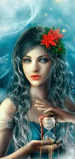 Fantasy art of a woman with an hourglass and red flower in her hair.