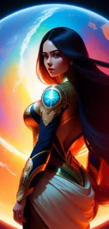 Fantasy woman in ornate armor with a planet background.