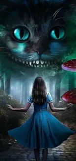 Surreal fantasy wallpaper with mystical cat and girl in enchanted forest.