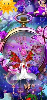 Vibrant fantasy wallpaper with a mystical clock and butterflies.