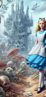 Fantasy wonderland with girl and castle in blue dress.