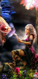 Fantasy scene with woman and colorful fish.