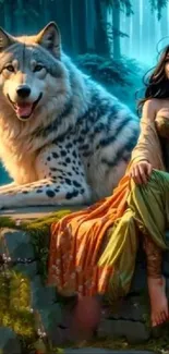 Artistic depiction of a woman with a wolf in a fantasy forest setting.