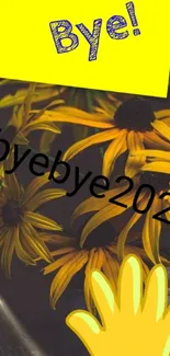 Vibrant floral wallpaper with 'Bye Bye 2021' in bright yellow theme.