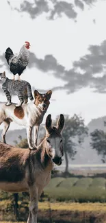 Farm animals stacked in a scenic landscape.